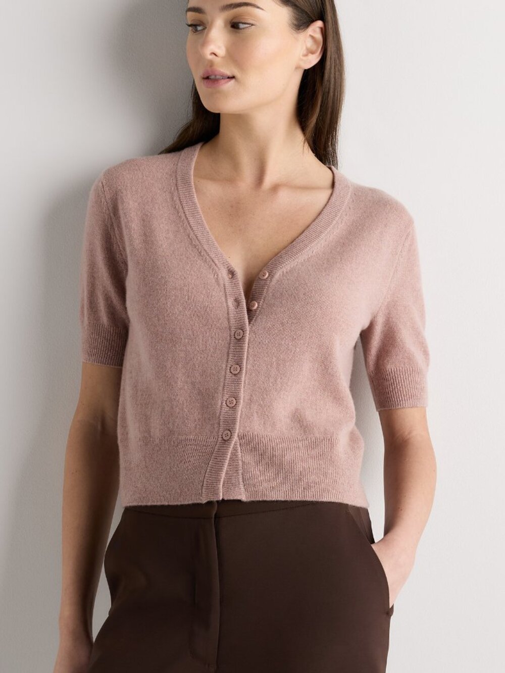Cashmere Short Sleeve Cardigan in Heather Pink